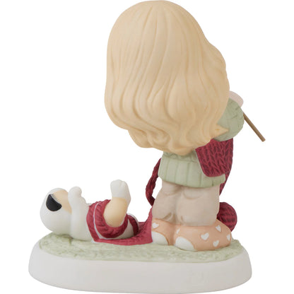 Girl Knitting with Kitten Unwinding It Figurine
