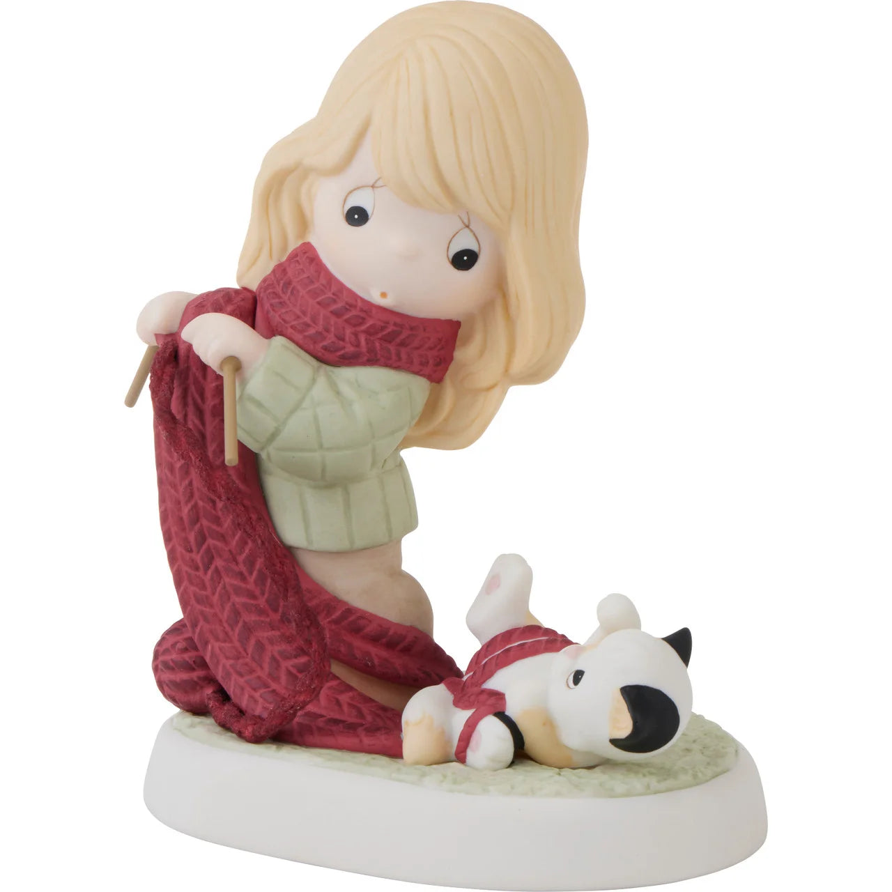 Girl Knitting with Kitten Unwinding It Figurine