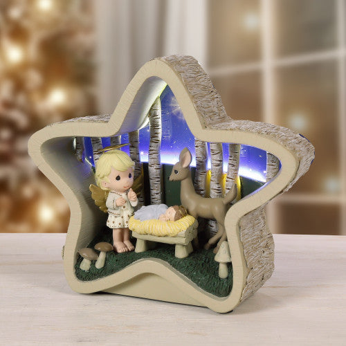 Angel Praying Next to Baby Jesus LED Star Figurine